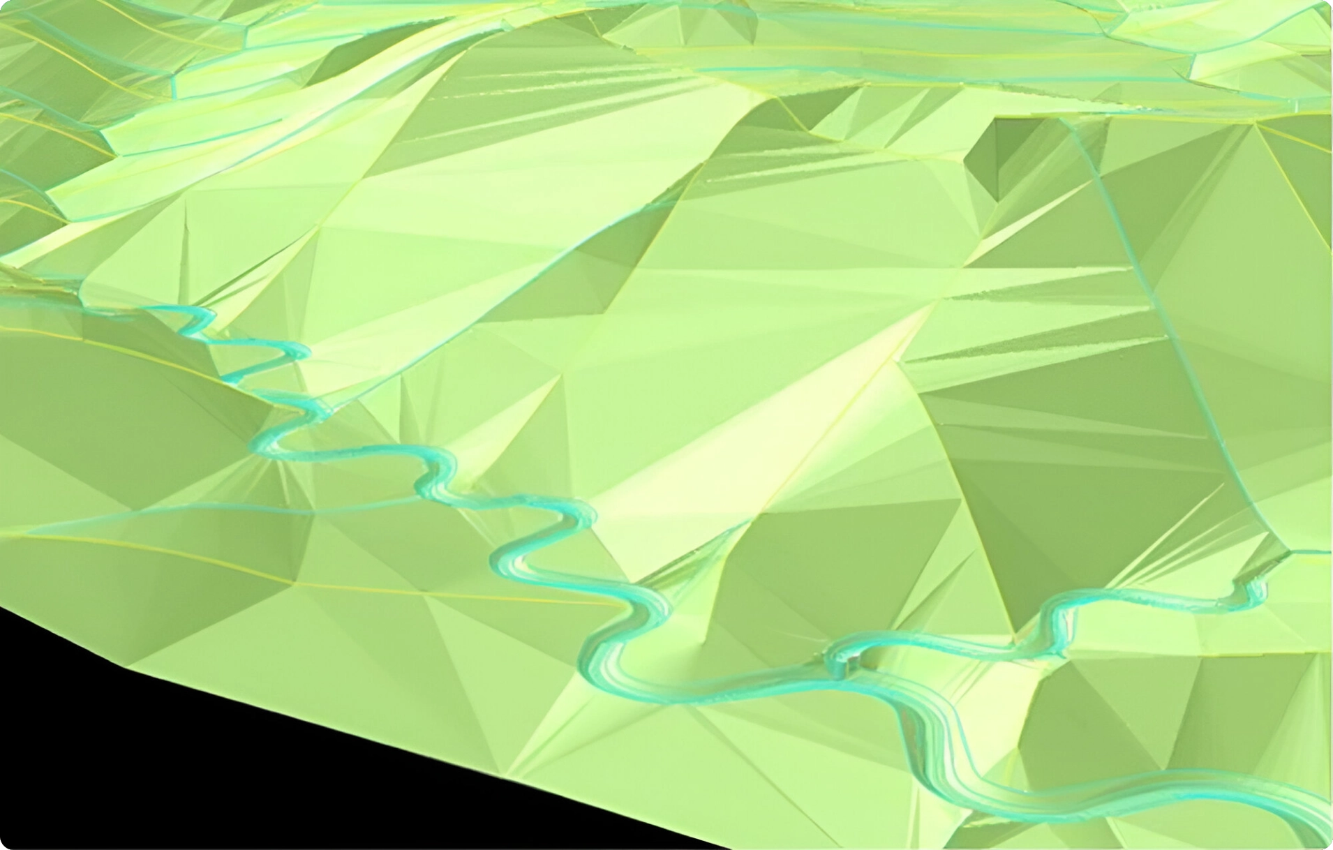 A digital 3D terrain with low-poly style, featuring angular green surfaces and a winding blue river running through the landscape.