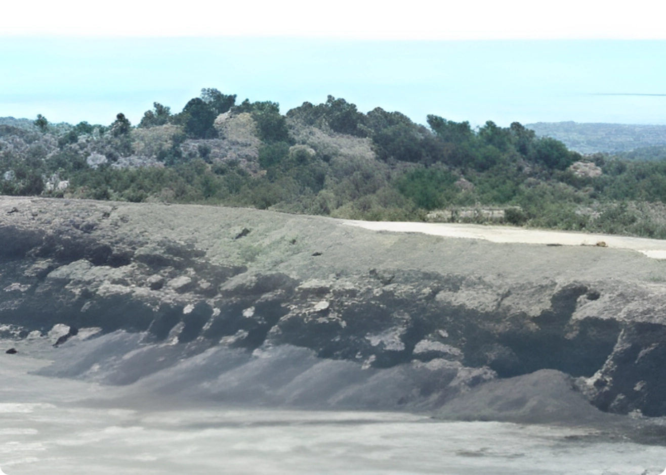 A barren landscape with a rocky, uneven surface in the foreground and a hill covered with lush green trees in the background.