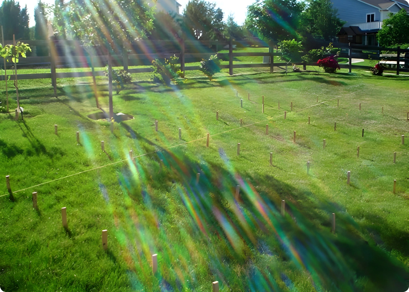 A field with grass and trees in the background.