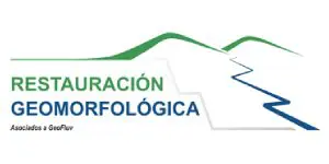 Logo with green hills and a blue river illustration. Text reads "Restauración Geomorfológica Asociados a GeoFluv.