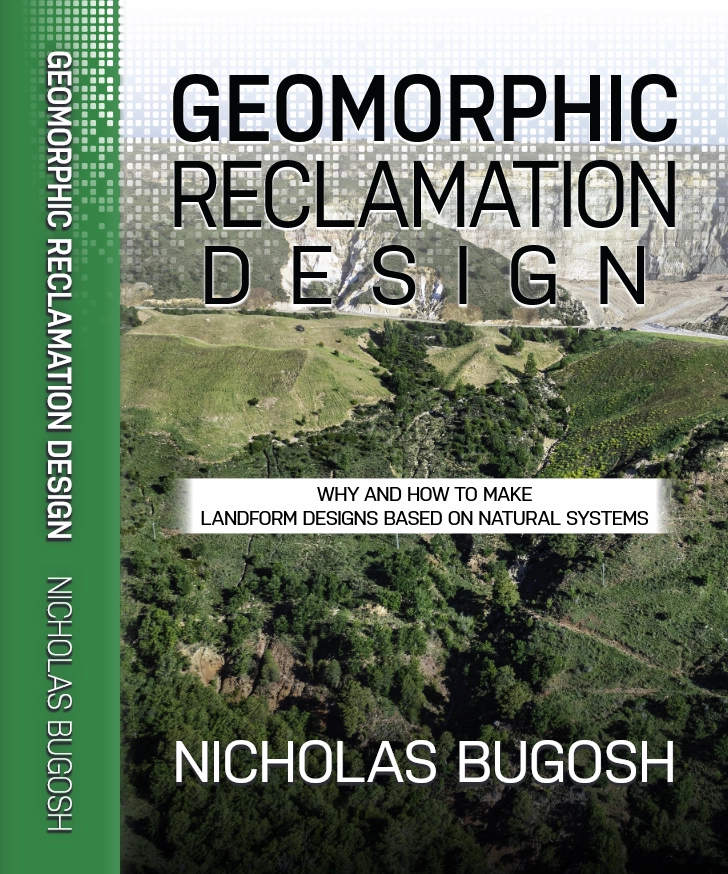 Book cover of "Geomorphic Reclamation Design" by Nicholas Bugosh, featuring a natural landscape with hills and greenery.