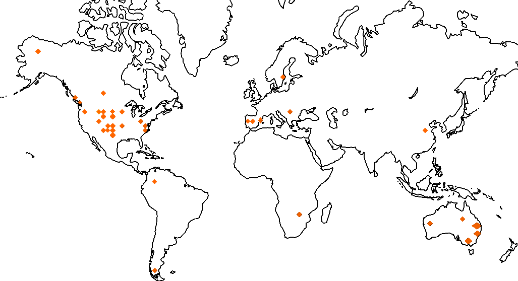 A world map with various orange dots marking specific locations, mostly in North America, Western Europe, and Australia.