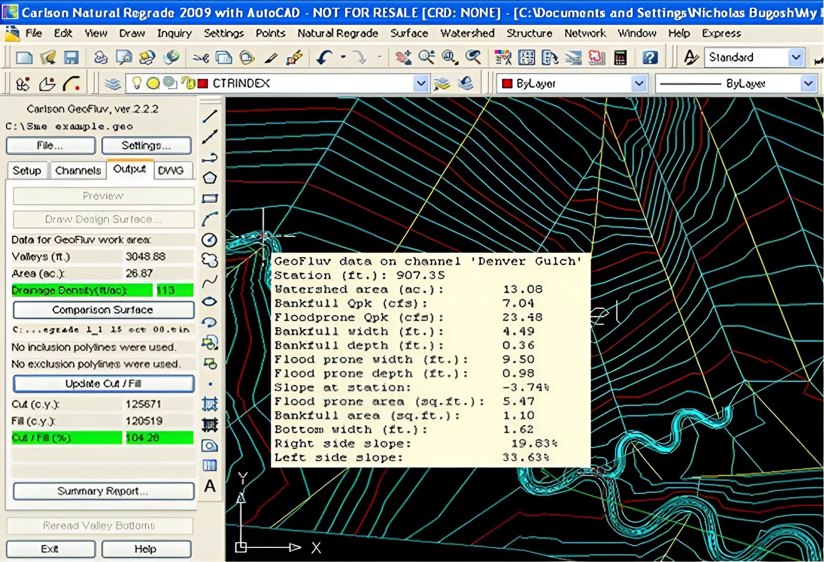 Screenshot of a topographical map analysis in AutoCAD. It displays contour lines, a detailed data table of geographic features, and various software tools and settings.